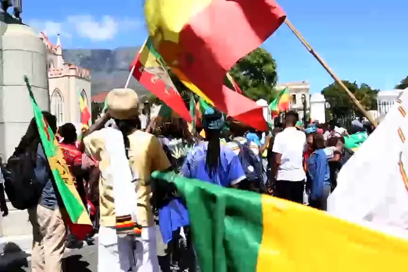 Marchers carrying Ethiopian flags at the Battle of Adwa commemoration